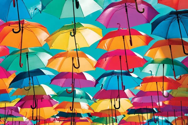 Color Pop Photography: Colourful Umbrellas  - Coral Green Sky by Philippe Hugonnard