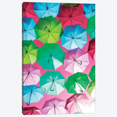 Colourful Umbrellas  - Pink Sky Canvas Print #PHD532} by Philippe Hugonnard Canvas Wall Art