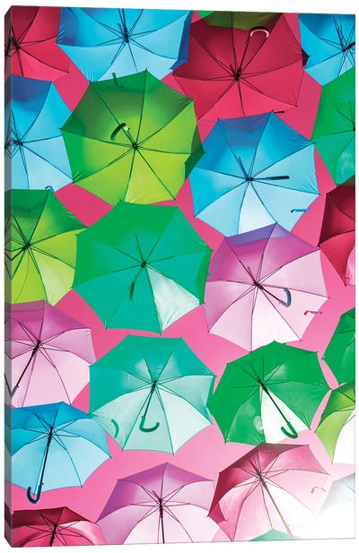 Colourful Umbrellas  - Pink Sky Canvas Art Print - Umbrella Art