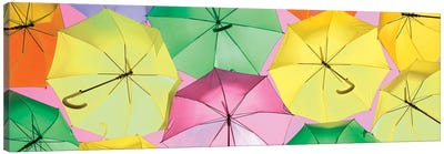 Colourful Umbrellas  - Light Pink Sky Canvas Art Print - Umbrella Art