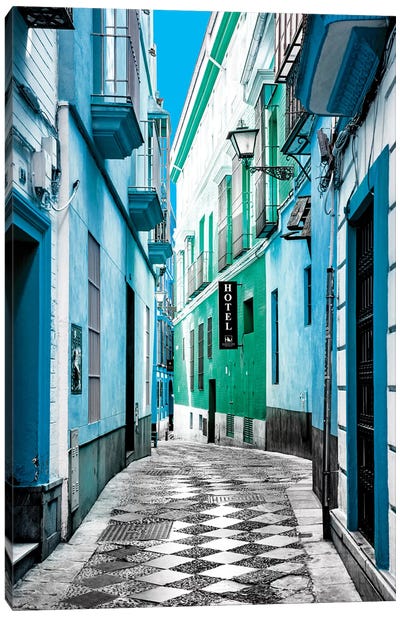 Colourful Pedestrian Street in Seville II Canvas Art Print - Monochromatic Photography
