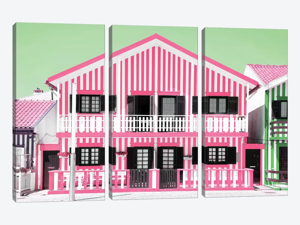 Pink Striped House 3-piece Canvas Art Print