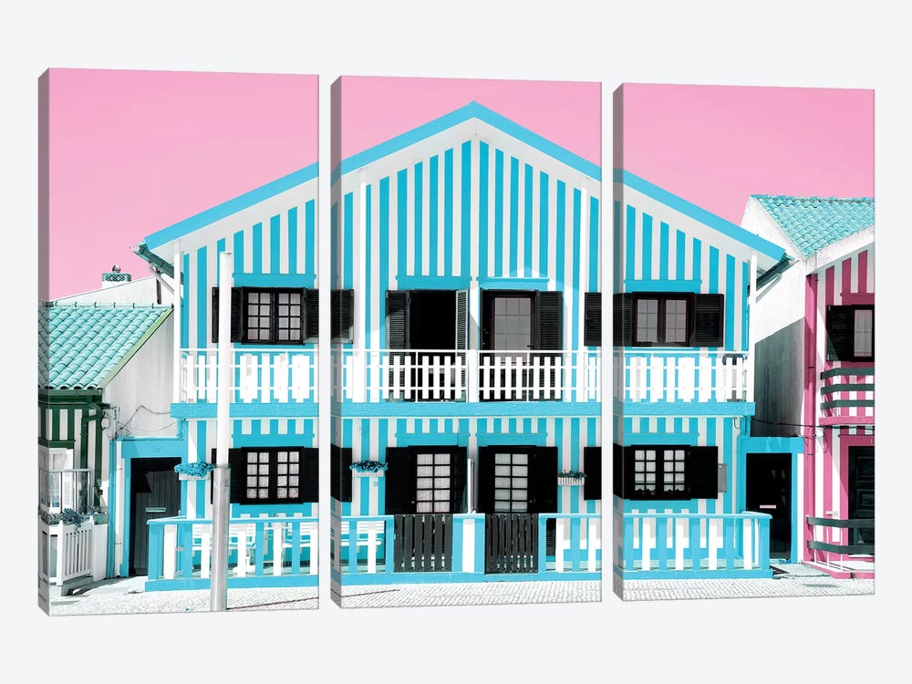 Blue Striped House by Philippe Hugonnard 3-piece Canvas Artwork