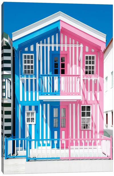 Colorful Striped House Blue & Pink Canvas Art Print - Welcome to Portugal