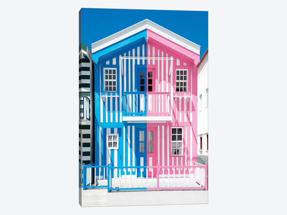 Colorful Striped House Blue & Pink 1-piece Canvas Artwork