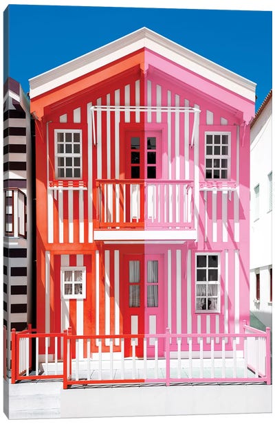 Colorful Striped House Red & Pink Canvas Art Print - Welcome to Portugal