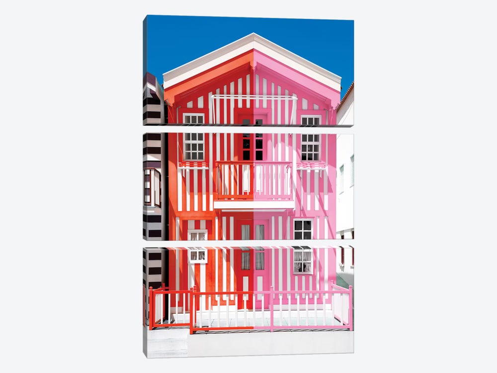Colorful Striped House Red & Pink by Philippe Hugonnard 3-piece Canvas Art Print