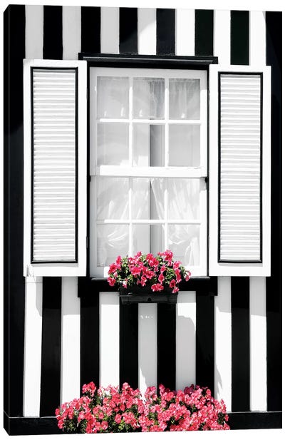 Black and White Striped Window Canvas Art Print - Welcome to Portugal