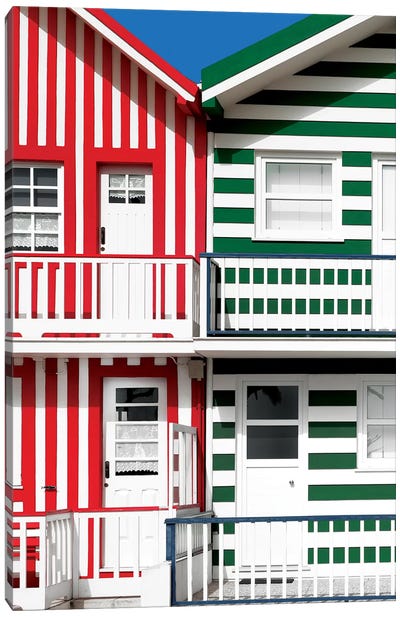 Two Striped Facade Red & Green Canvas Art Print - Welcome to Portugal