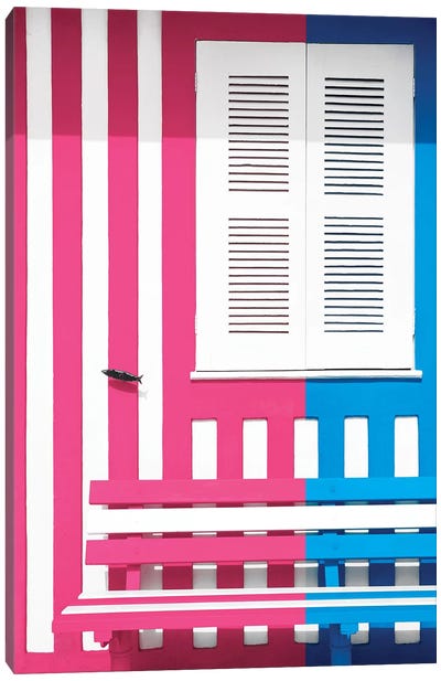 Colorful Facade with Pink and Blue Stripes Canvas Art Print - Welcome to Portugal