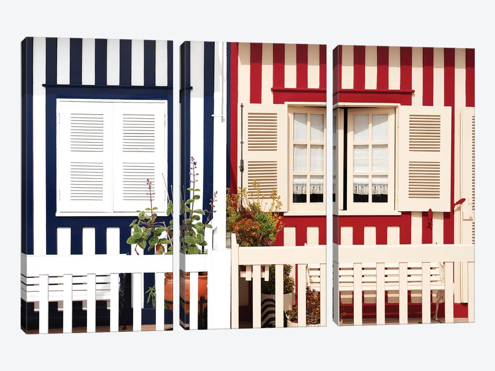 Facade of beach House with Colourful Stripes 3-piece Canvas Art