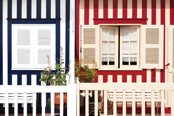 Costa Nova: Facade of beach House with Colourful Stripes by Philippe Hugonnard