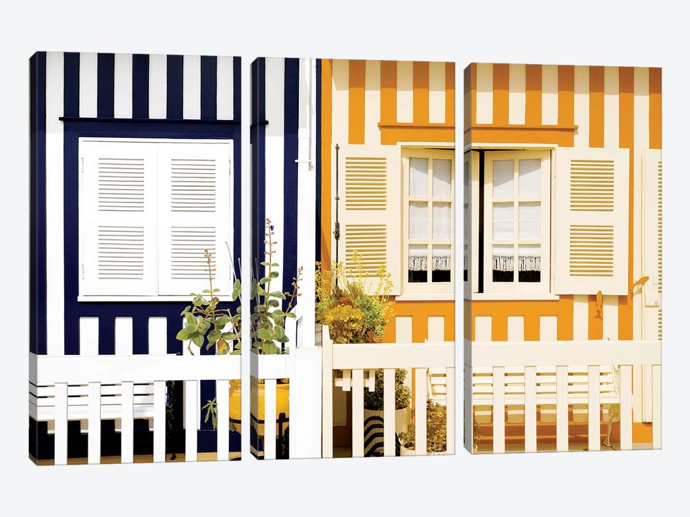 Facade of beach House with Colourful Stripes II 3-piece Canvas Print