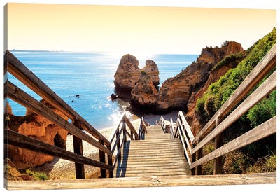 Wooden Stairs to Praia do Camilo Beach at Sunset Canvas Art Print - Exploration Art