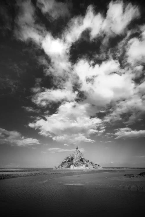 Mont Saint Michel Black And White Portrait With Cloudy Sky