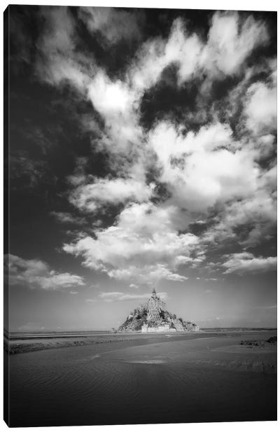 Mont Saint Michel Black And White Portrait With Cloudy Sky Canvas Art Print - Normandy