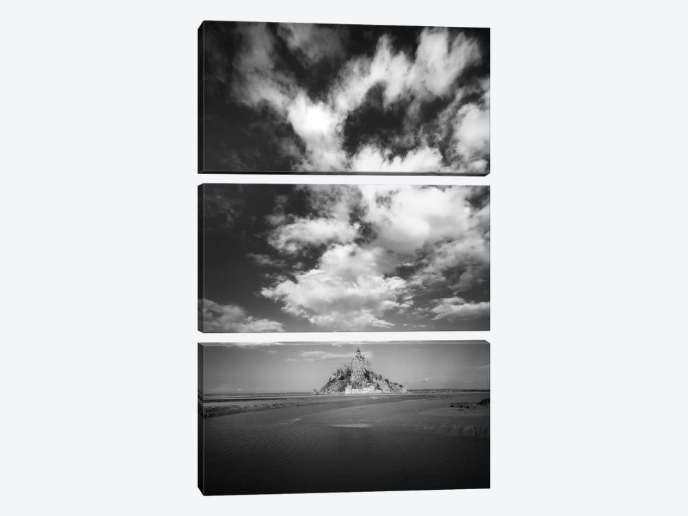 Mont Saint Michel Black And White Portrait With Cloudy Sky by Philippe Manguin 3-piece Art Print