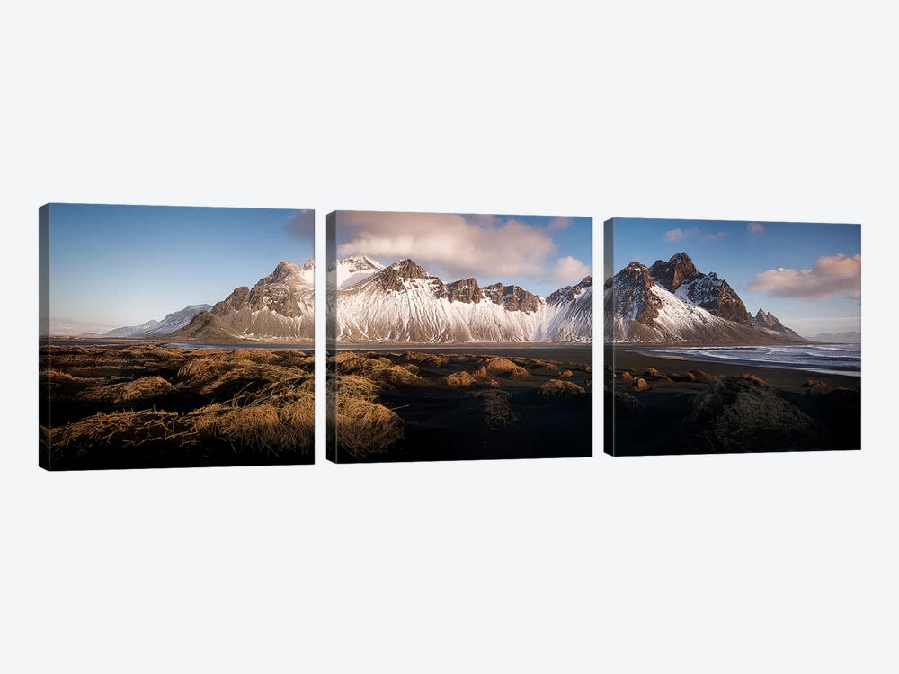 Stokksnes Mountain Panoramic In Iceland by Philippe Manguin 3-piece Canvas Print