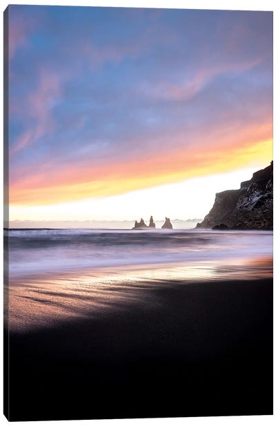 Vik Beach In Iceland Canvas Art Print - Cloudy Sunset Art