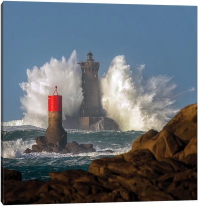 Big Wave On Lighthouse Canvas Art Print - Philippe Manguin