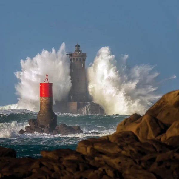 Lighthouses: Big Wave On Lighthouse by Philippe Manguin