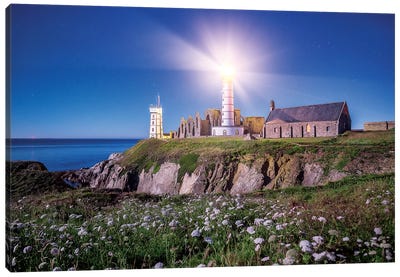 Pointe Saint Mathieu Lighthouse By Night Canvas Art Print - Lighthouse Art