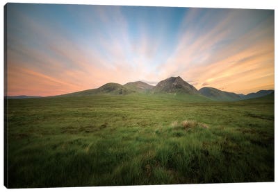 UK, Scotland, Highlands, Glencoe Valley And Mountains Canvas Art Print - Cloudy Sunset Art