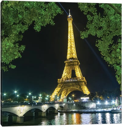 Eiffel Tower And Bridge At Night Canvas Art Print - Philippe Manguin
