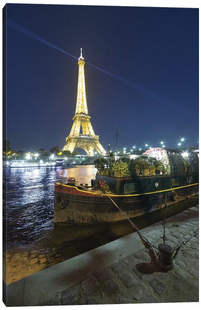 Eiffel Tower In Paris And Seine Chanel By Night Canvas Art Print - Philippe Manguin