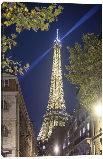Eiffel Tower In Paris Street By Night Canvas Art Print - Famous Buildings & Towers