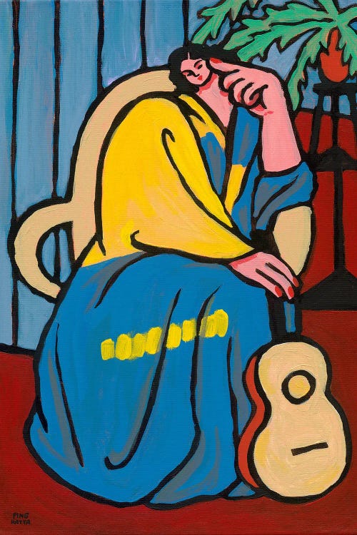 A Woman In Yellow And Blue With Guitar