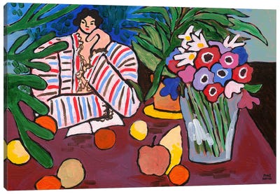 Striped Robe, Fruit, And Anemones Canvas Art Print - Ping Hatta