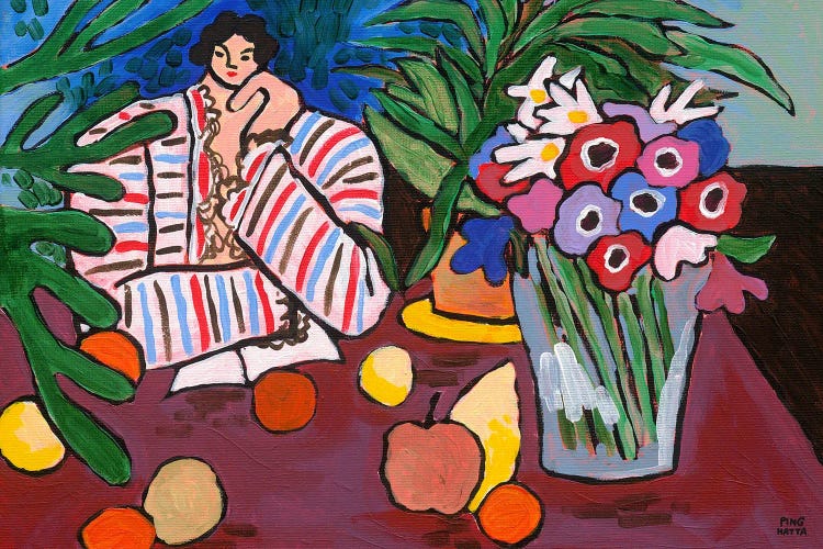 Striped Robe, Fruit, And Anemones