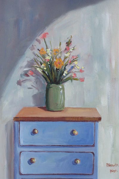 Pottery Still Life: Flowers On Blue Dresser by Pattie Horwitz