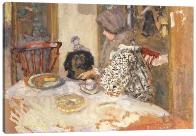 Woman With A Dog At The Table Canvas Art Print