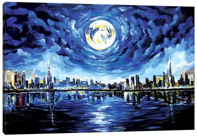 Moon Over New York Canvas Art Print - Urban Dorm Room