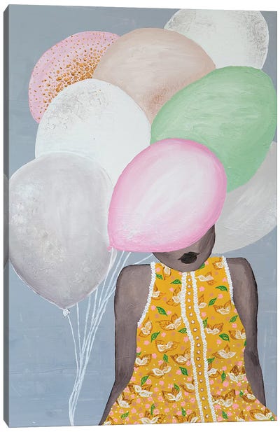 Lady Sweet Balloon Canvas Art Print - Green & Pink Art