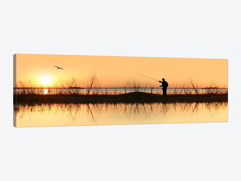 Silhouette of a man fishing by Panoramic Images 1-piece Canvas Print