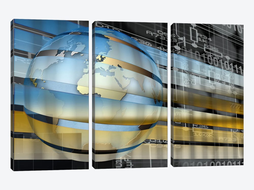 Digital representation of the Earth with grid lines and binary digits by Panoramic Images 3-piece Canvas Artwork