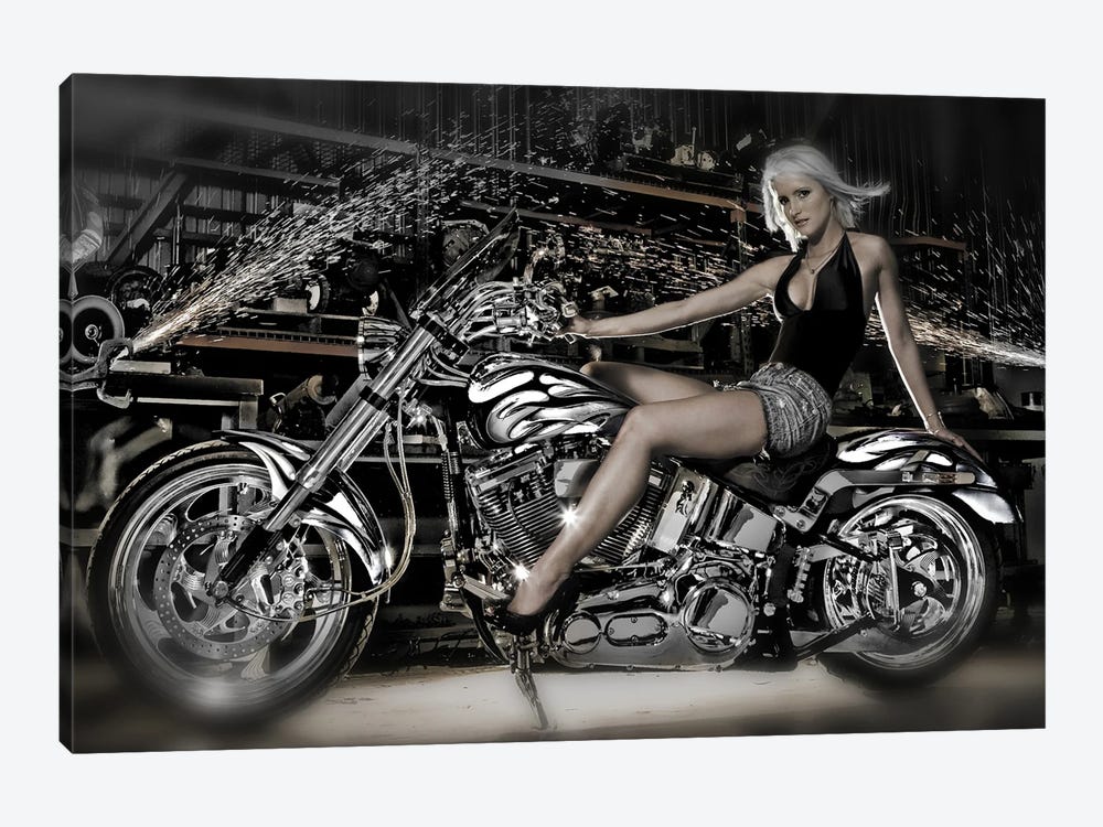 Female model with a motorcycle in a workshop by Panoramic Images 1-piece Canvas Art