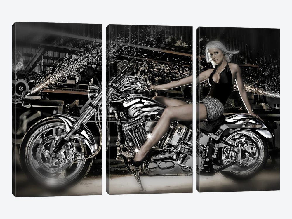 Female model with a motorcycle in a workshop by Panoramic Images 3-piece Canvas Artwork
