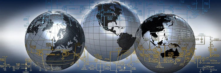 Three globes with electronic diagram