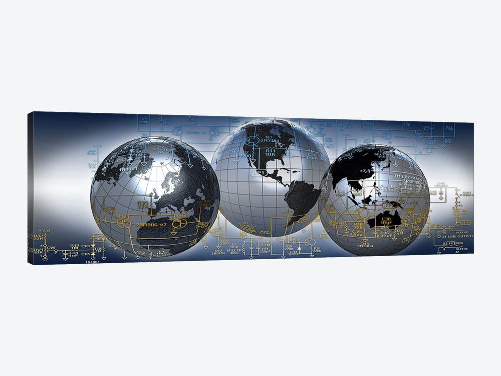 Three globes with electronic diagram by Panoramic Images 1-piece Art Print