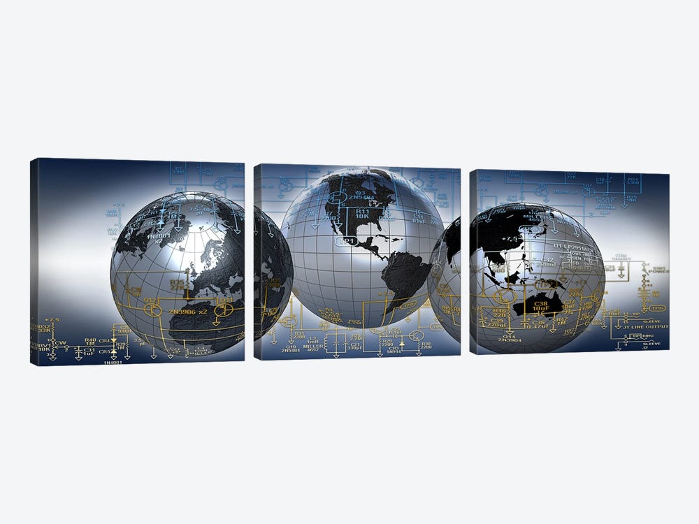 Three globes with electronic diagram by Panoramic Images 3-piece Canvas Print