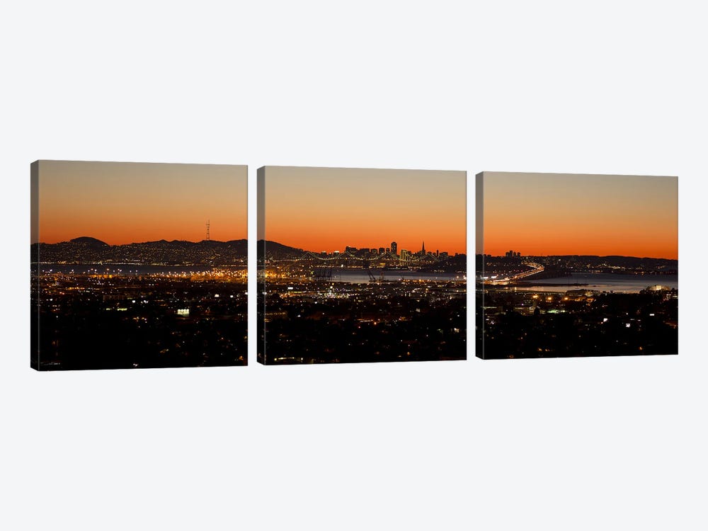 City view at dusk, Oakland, San Francisco Bay, San Francisco, California, USA by Panoramic Images 3-piece Art Print