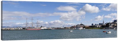 Boats in the bay, Transamerica Pyramid, Coit Tower, Marina Park, Bay Bridge, San Francisco, California, USA Canvas Art Print - San Francisco Skylines