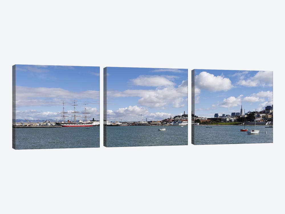 Boats in the bay, Transamerica Pyramid, Coit Tower, Marina Park, Bay Bridge, San Francisco, California, USA by Panoramic Images 3-piece Canvas Art