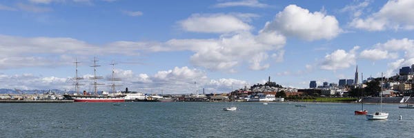 San Francisco Skylines: Boats in the bay, Transamerica Pyramid, Coit Tower, Marina Park, Bay Bridge, San Francisco, California, USA by Panoramic Images