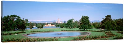 Formal garden in City Park with city and Mount Evans in background, Denver, Colorado, USA Canvas Art Print - Colorado Art