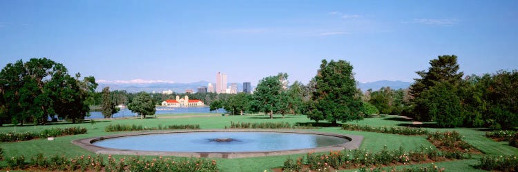 Formal garden in City Park with city and Mount Evans in background, Denver, Colorado, USA